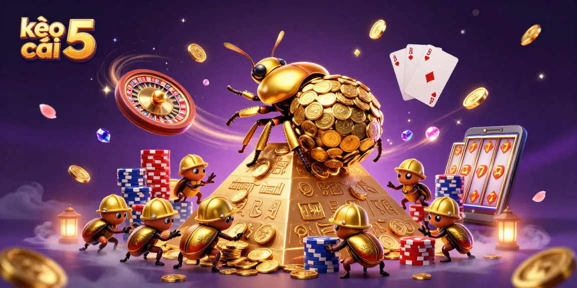 Engage in thrilling betting with kèo nhà cái 5 as golden beetles roll coins towards a game-driven pyramid.