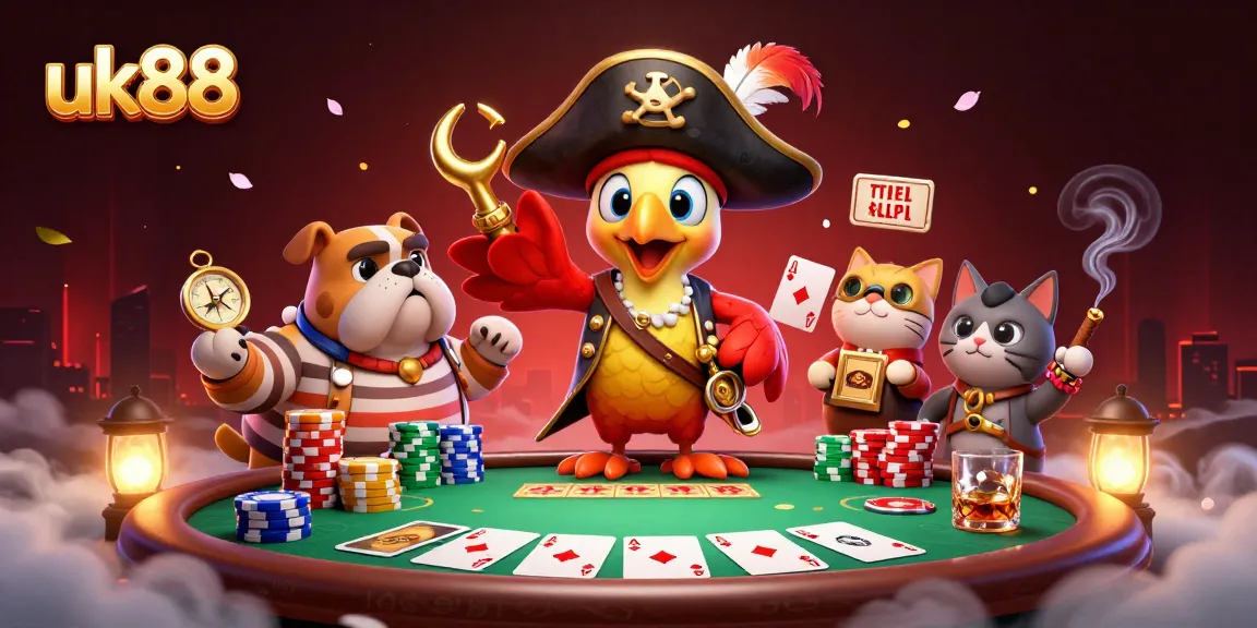 Engage in thrilling poker action with uk88 as you join a pirate captain and crew in a dynamic casino scene.