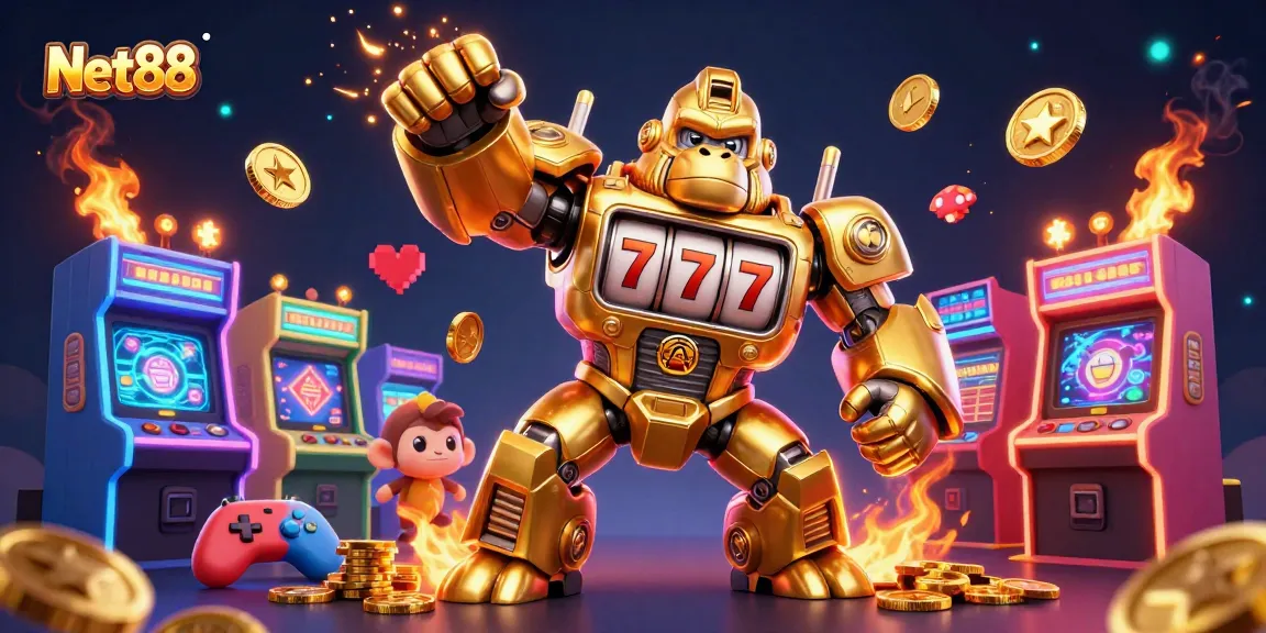 Experience thrilling gameplay with the Net88 golden gorilla mech amidst vibrant arcade elements.