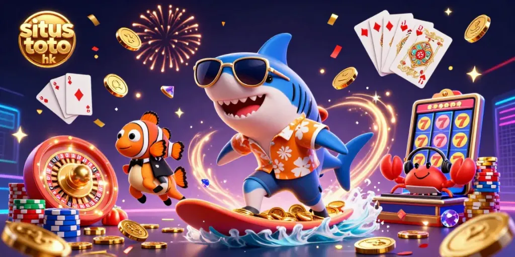 Experience excitement with situs toto hk as a cartoon shark surfs coins while a seahorse and DJ crab join the fun.