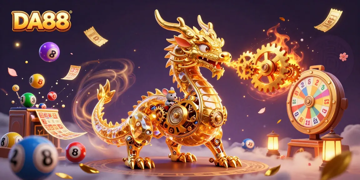 Experience DA88 with a captivating scene of a golden dragon and dynamic lottery elements.