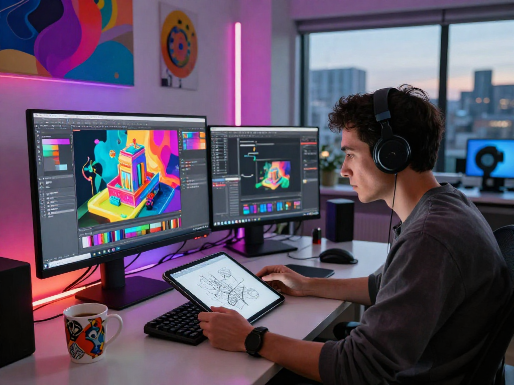 Creative digital art studio with an artist focused on nsfw ai design, vibrant screens and tools scattered.