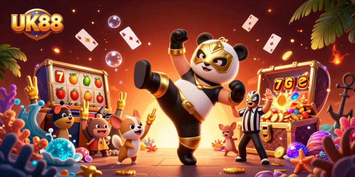 Engage with UK88's thrilling 3D casino scene featuring a flying panda wrestler and cheering animals.