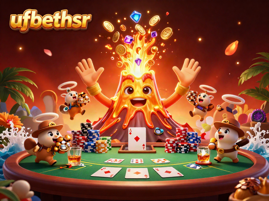 Experience the excitement of ufabethsr with a vibrant casino scene featuring a golden volcano erupting treasure.