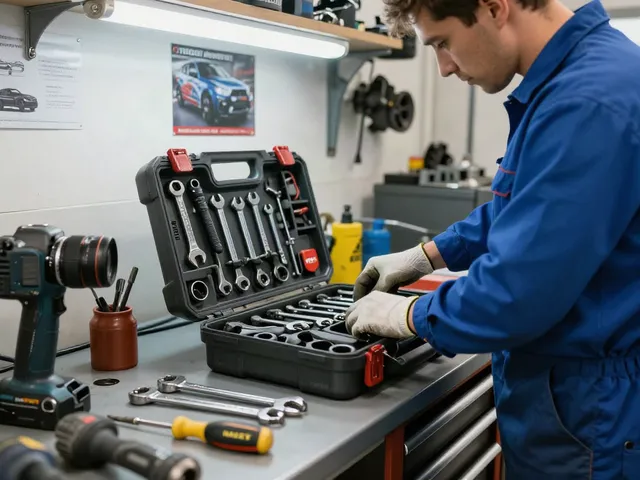 Mechanic arranging tools in a hazet tool box in an organized automotive workshop.
