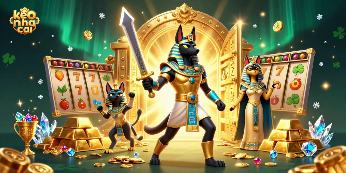 Engage with the vibrant keo nha cai gaming scene featuring Anubis and Bastet amidst slot elements.