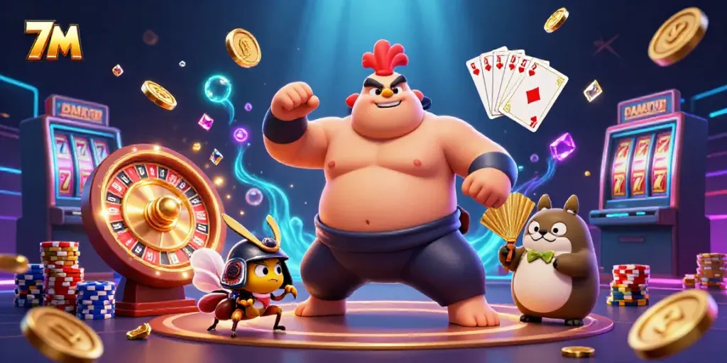 Experience thrilling gameplay with 7M's dynamic 3D scene featuring vibrant casino elements.