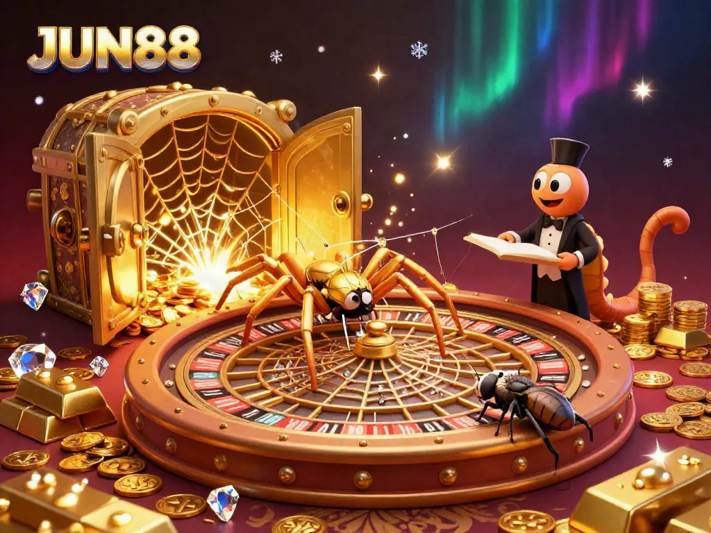 Engage in thrilling bets and wins at JUN88 with a lively casino scene showcasing vibrant roulette elements and treasures.