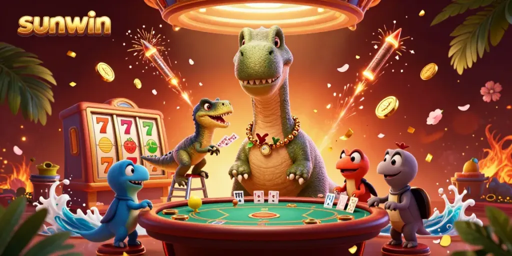 Experience the excitement of sunwin with a vibrant scene featuring animated dinosaurs and casino elements.