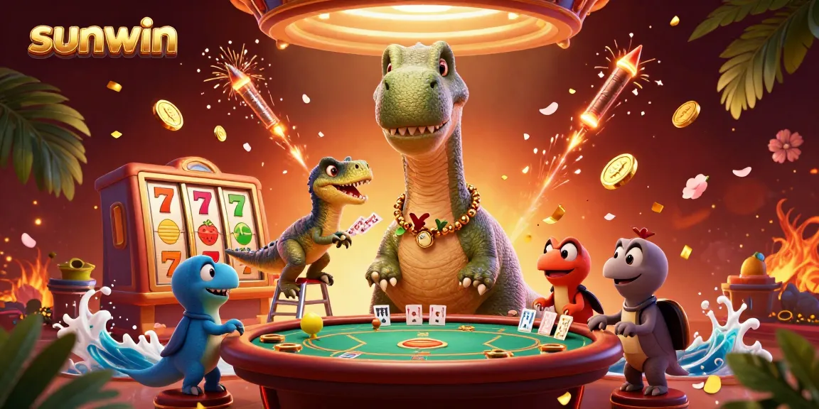 Experience the excitement of sunwin with a vibrant scene featuring animated dinosaurs and casino elements.