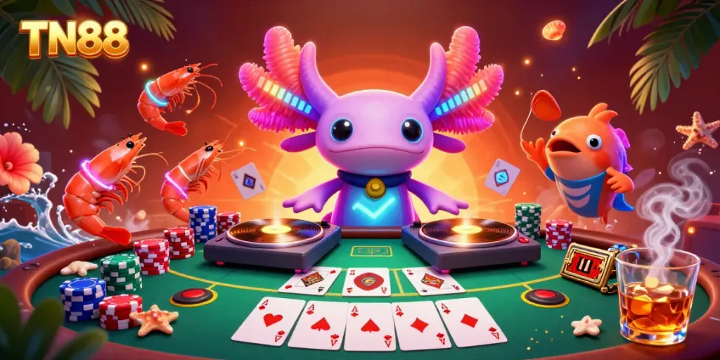 Experience the vibrant TN88 casino scene with an axolotl DJ, poker elements, and colorful characters.