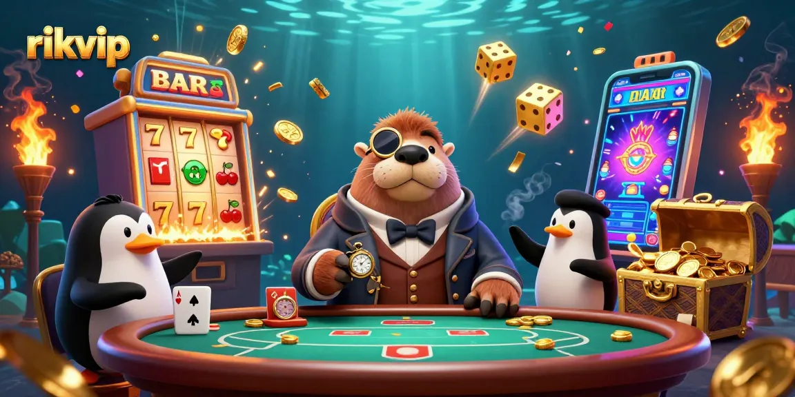 Enjoy the vibrant underwater casino scene featuring rikvip with a walrus, penguin dealer, and pufferfish player.