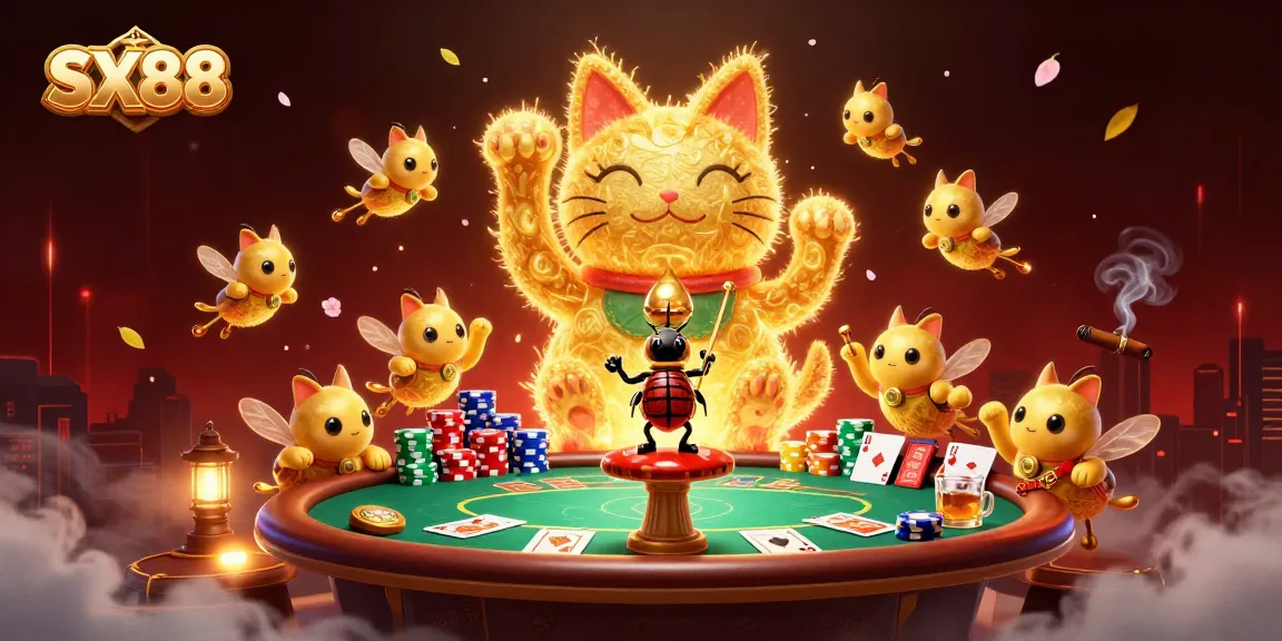 SX88 offers a thrilling casino experience with a lucky cat, poker chips, and rich gameplay elements.