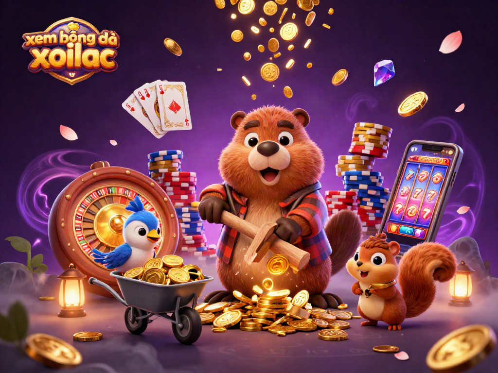 xem bóng đá xoilac tv showcases a vibrant scene of a beaver, bird, and squirrel among dynamic gambling elements.