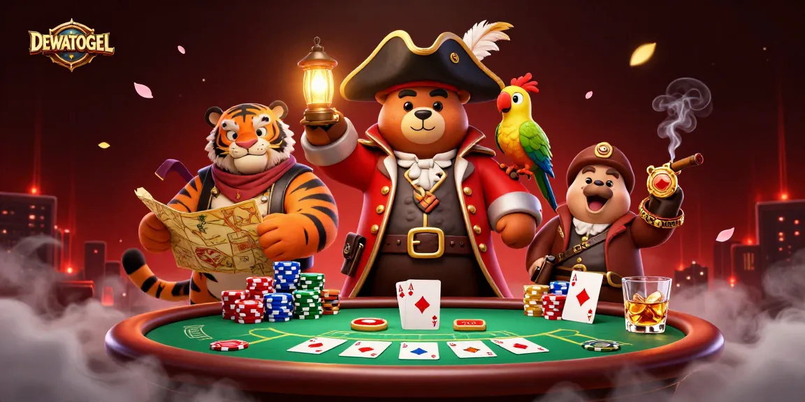 Play exciting poker games with DEWATOGEL's captivating cartoon scene featuring daring characters and vibrant casino elements.