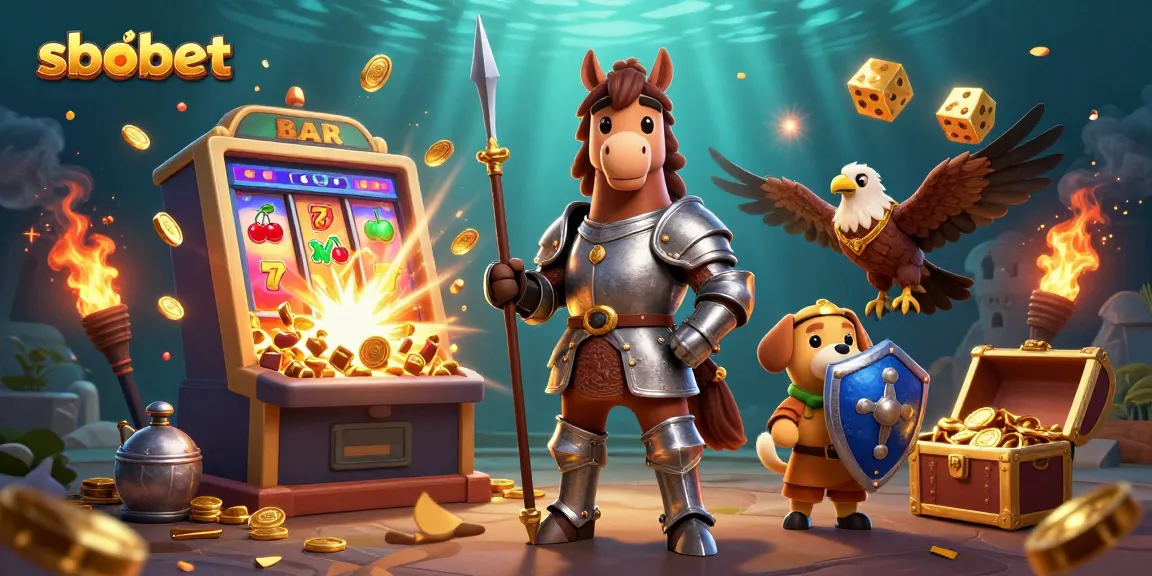 SBOBET players enjoy exciting casino thrills with a knight, squire puppy, and falcon amidst a jackpot explosion.