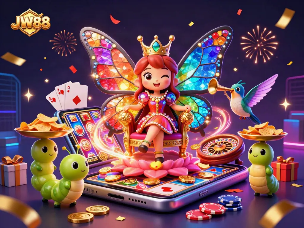 Experience excitement at JW88 with a vibrant illustration of a casino scene featuring a butterfly queen surrounded by games.
