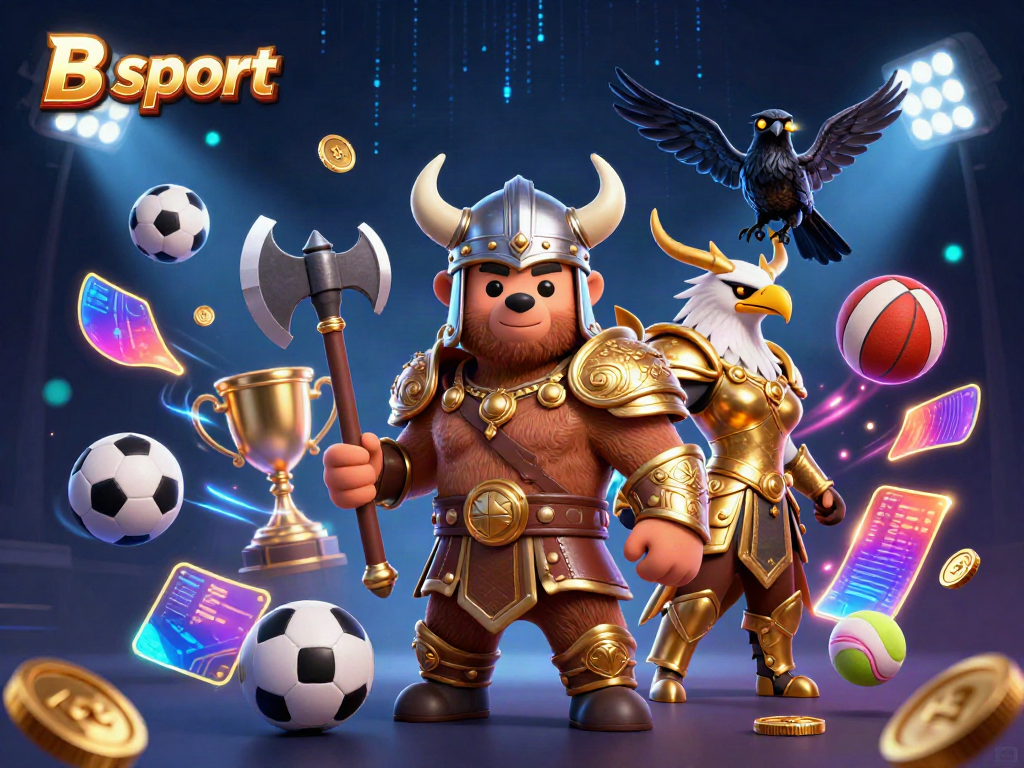 B sport showcases an energetic gaming scene with a Viking bear and Valkyrie eagle amidst flying sports elements.
