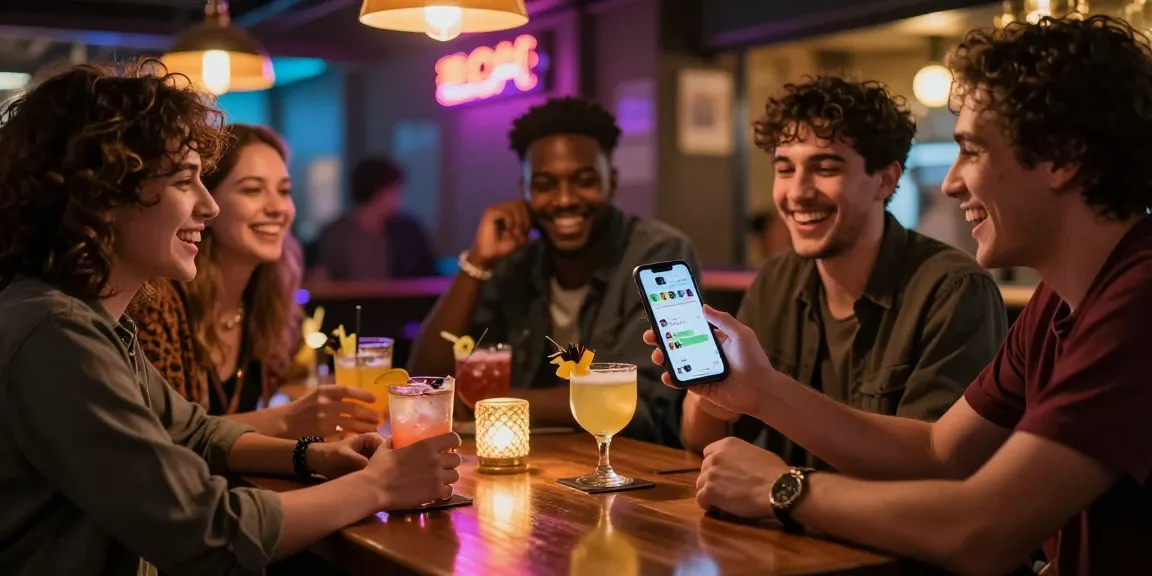 Friends sharing NSFW meme in a lively bar during a fun night out.