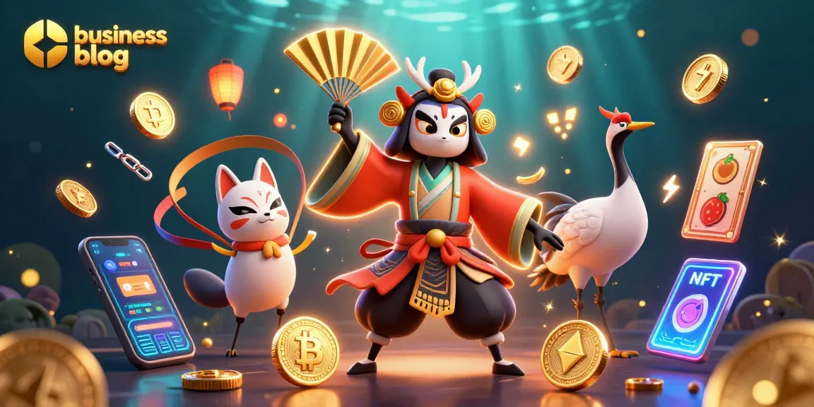 Engage with the business blog showcasing a vibrant 3D casino scene featuring a kabuki warrior amidst slot elements and crypto coins.