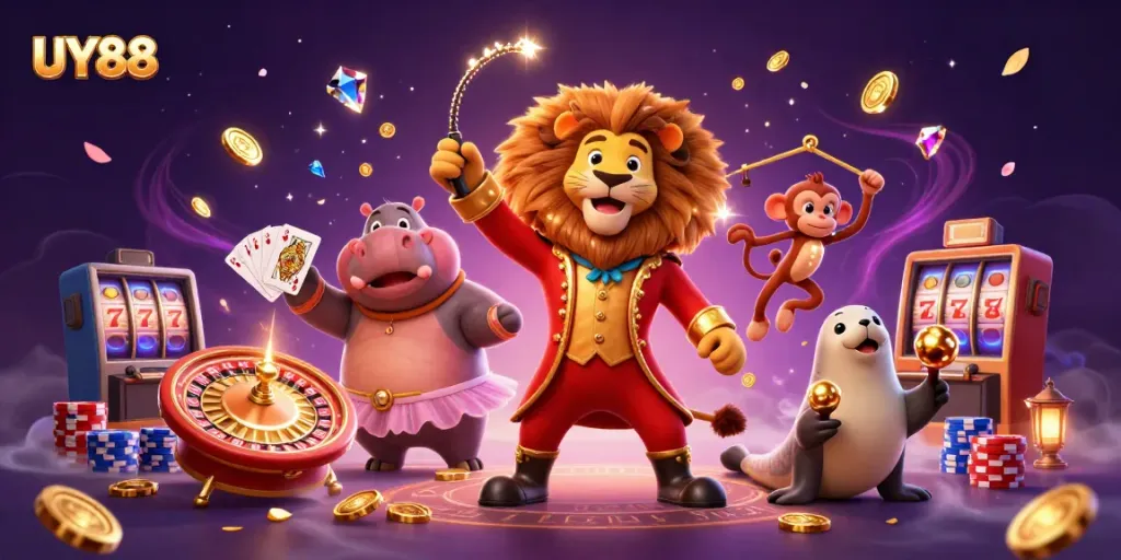 Experience the excitement of UY88 with a vibrant 3D illustration of casino-themed characters amidst dynamic gaming elements.