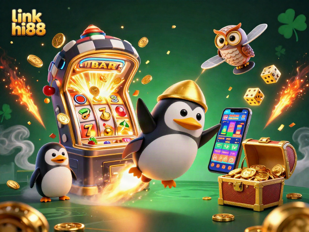 Join the adventure with link hi88 as a golden penguin flies past a vibrant jackpot casino in space.