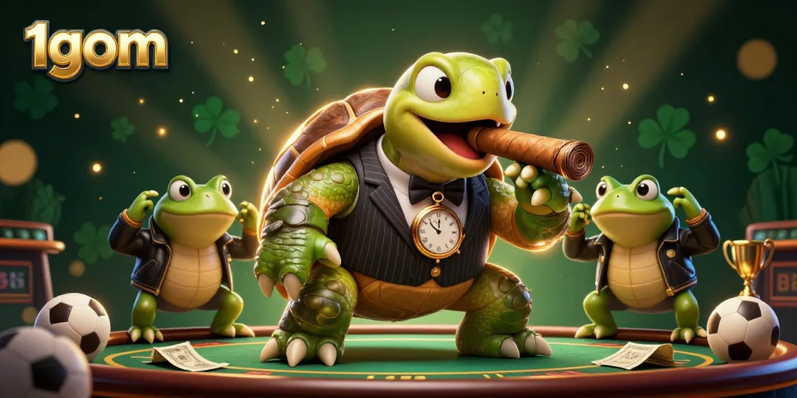 Place winning bets at 1gom with a vibrant image showcasing a turtle and bullfrogs in a sports betting scene.