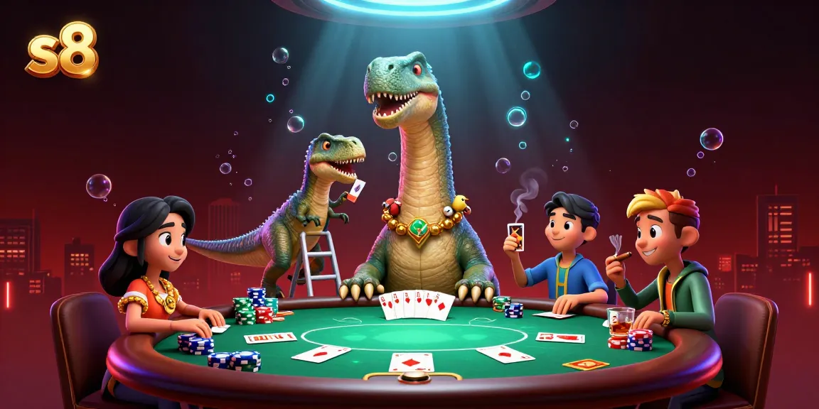 Engage in exciting poker action with the s8 brontosaurus overseeing the game.