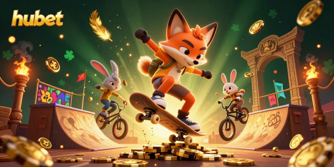 Experience the excitement with hubet as a fox and rabbit perform thrilling tricks over golden poker chips.