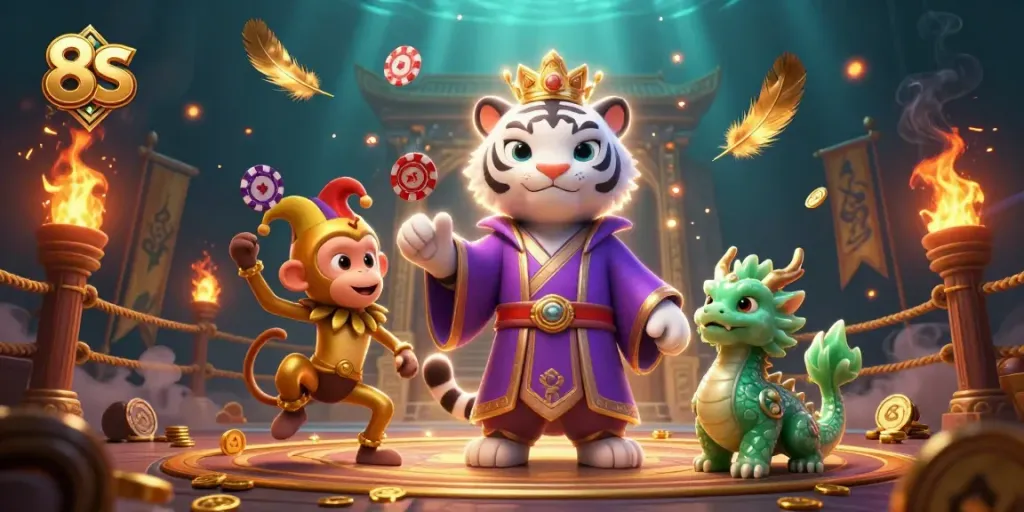 Engage with 8S's vibrant casino scene featuring a royal tiger and jester monkey juggling poker chips.