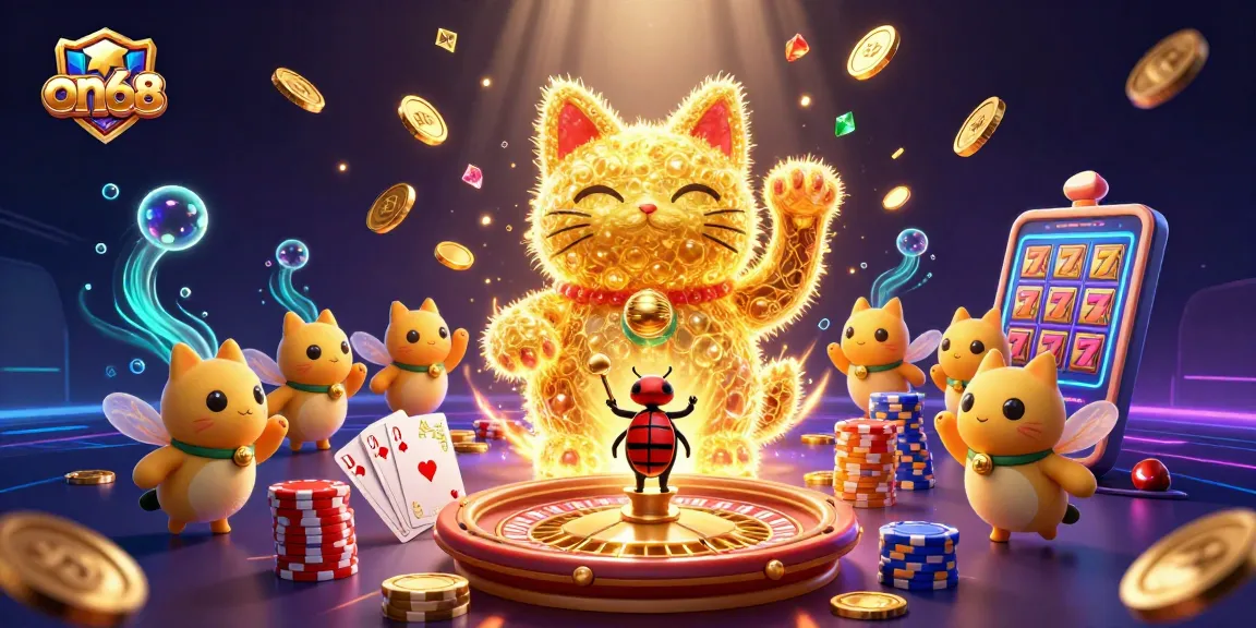 Experience the magic of on68 with vibrant casino elements and golden lucky cat illustration.