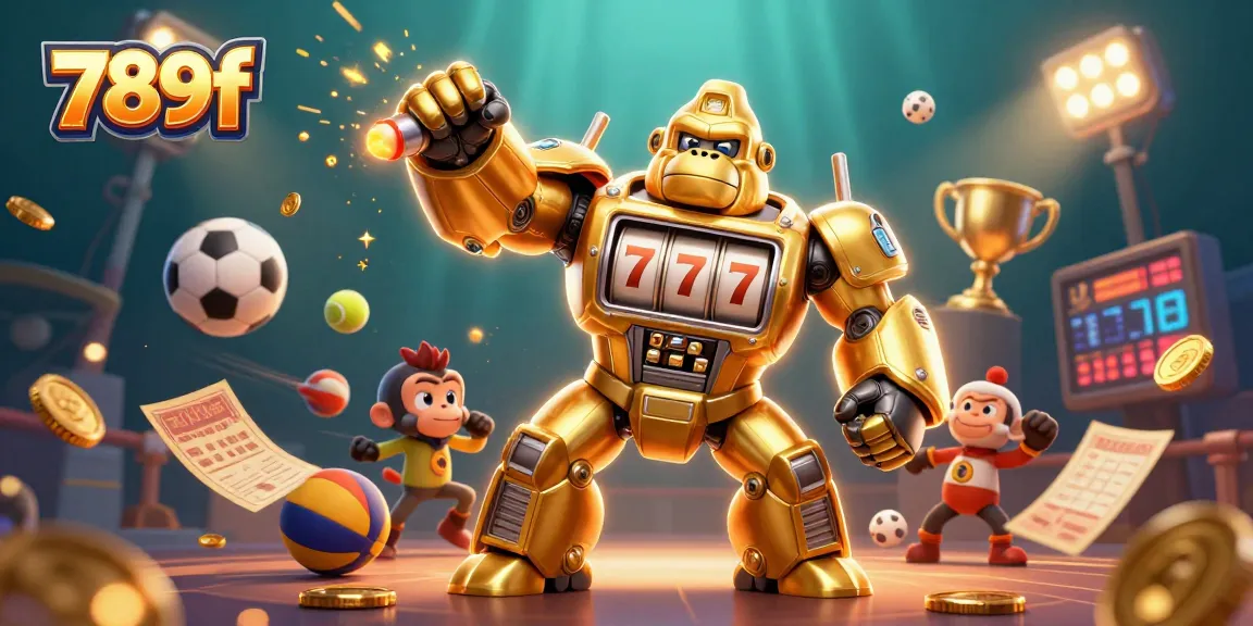 Experience thrilling action with 789f's golden gorilla mech showcasing slot machine power amid flying sports elements.