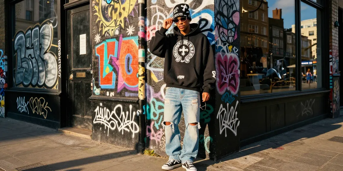 Stylish urban scene featuring Chrome Hearts oversized hoodie and sunglasses with vibrant street art backdrop.
