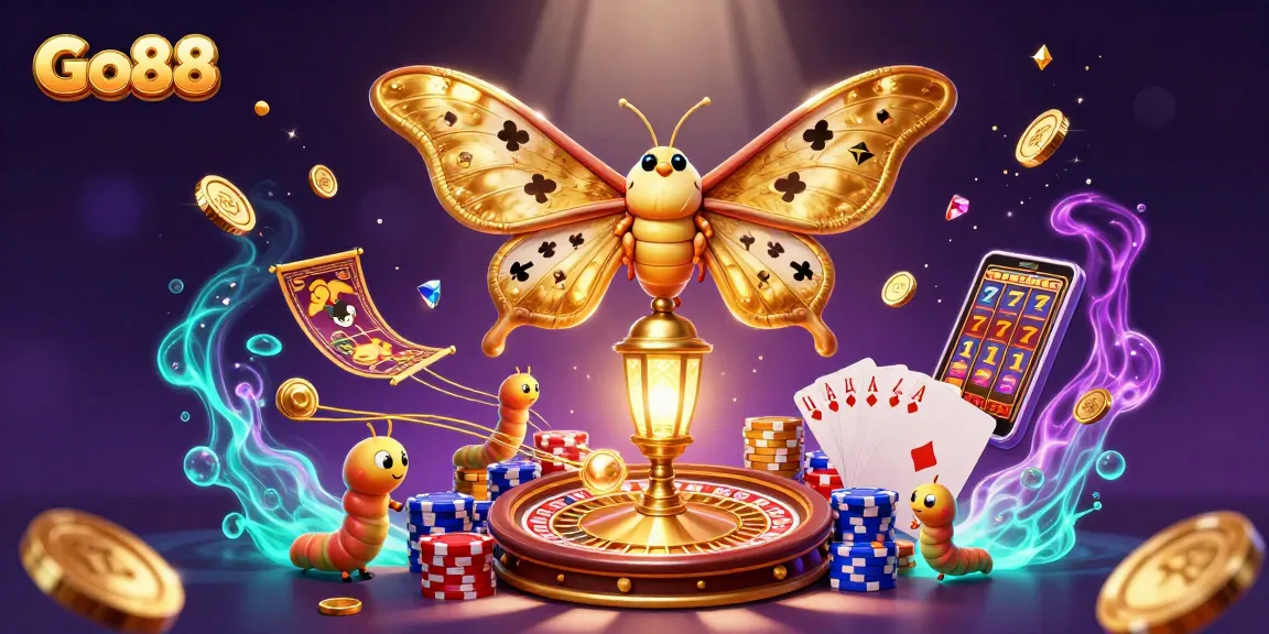 Go88 offers a vibrant 3D casino scene showcasing golden moths and dynamic gaming elements for bettors.