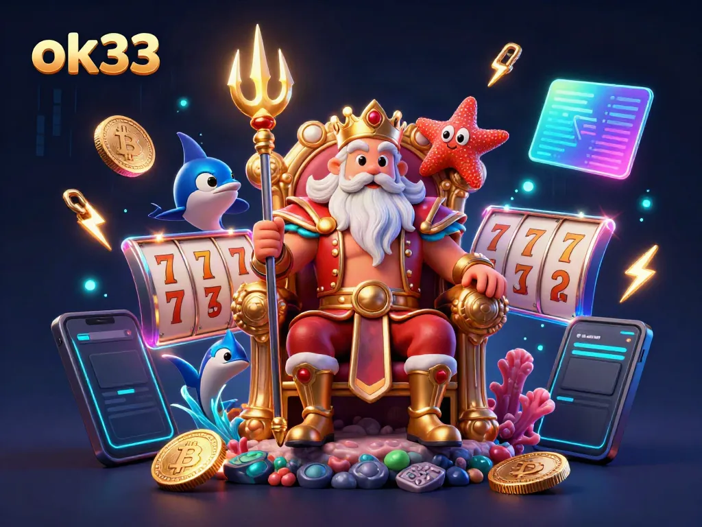 Experience luxurious gameplay at ok33 with Neptune's vibrant casino scene featuring slot reels and crypto coins.
