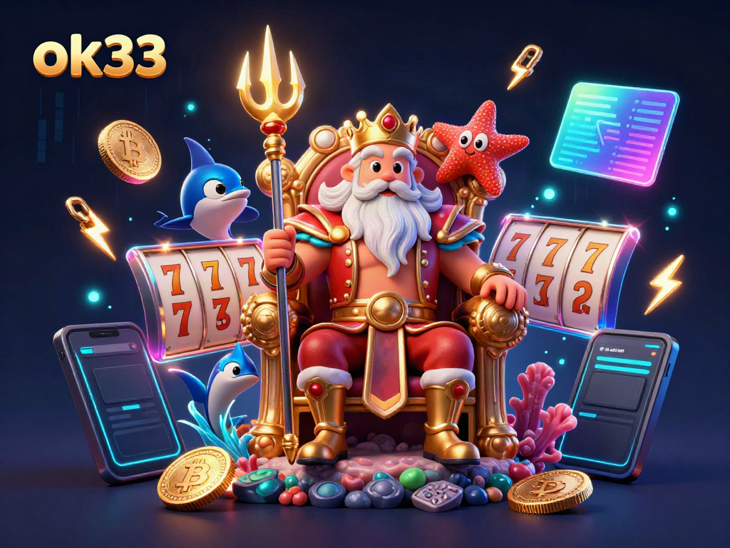 Experience luxurious gameplay at ok33 with Neptune's vibrant casino scene featuring slot reels and crypto coins.