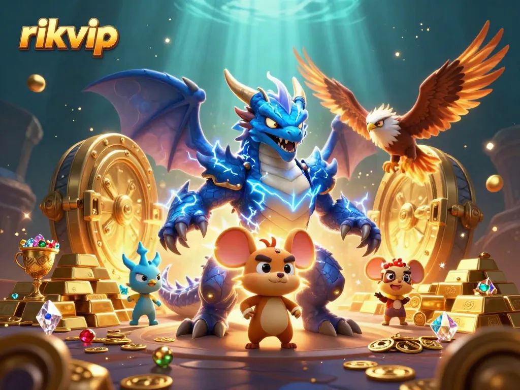 Exciting scene with rikvip characters and treasure, featuring a thunder dragon, wind hawk, and static mouse.