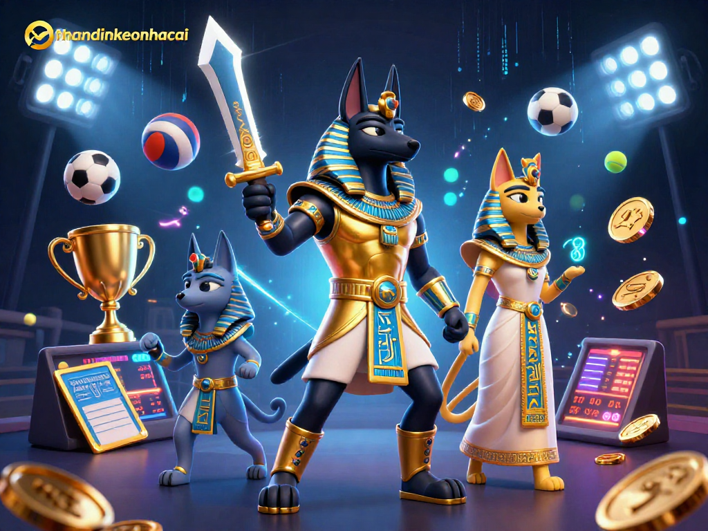 nhandinhkeonhacai showcases excitement with Anubis warrior and dynamic sports elements in 3D.