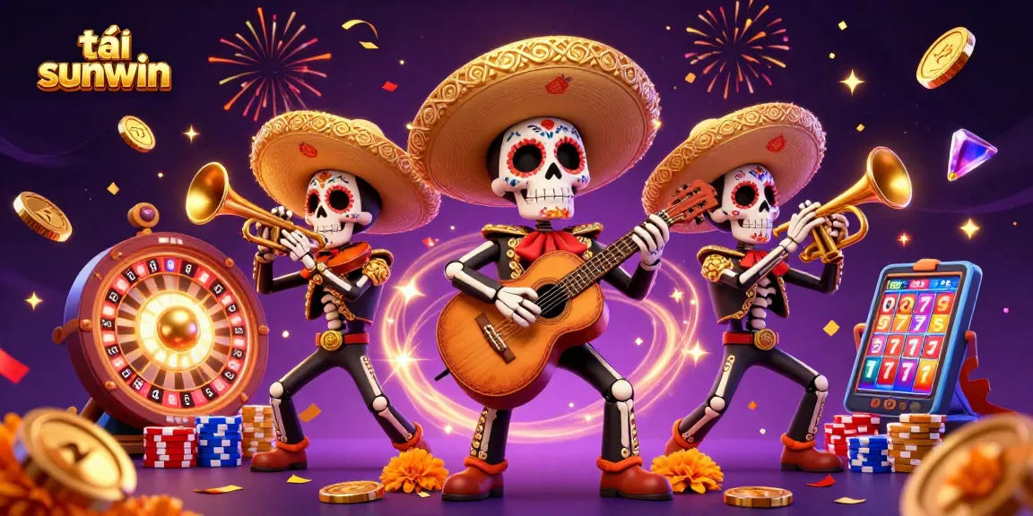 Play thrilling games at tải sunwin with skeleton mariachi band amid golden coins, roulette, and slot machines.