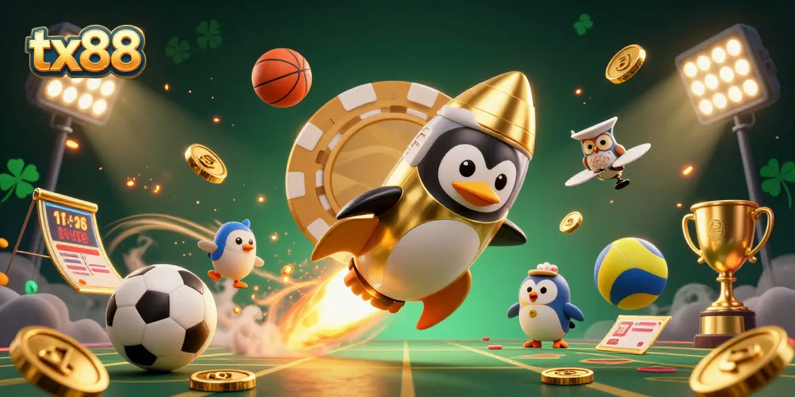 tx88 energizes gameplay with a vibrant illustration of a golden penguin in space, entwined with thrilling sports elements.