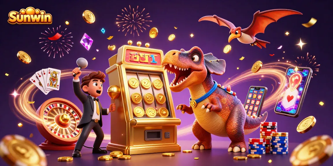 Sunwin offers an exciting gaming experience as a pachycephalosaurus celebrates jackpot wins with golden coins