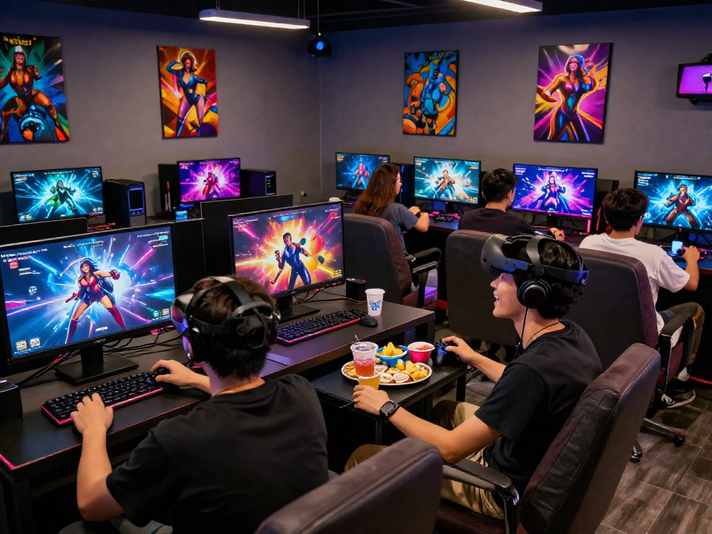 Players enjoying a sex game in a lively gaming lounge with vibrant graphics and interactive gameplay.
