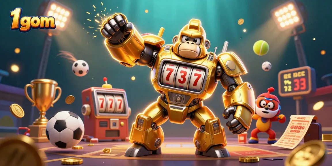 Experience the excitement of 1 gom betting with vibrant sports and casino elements in a dynamic illustration.