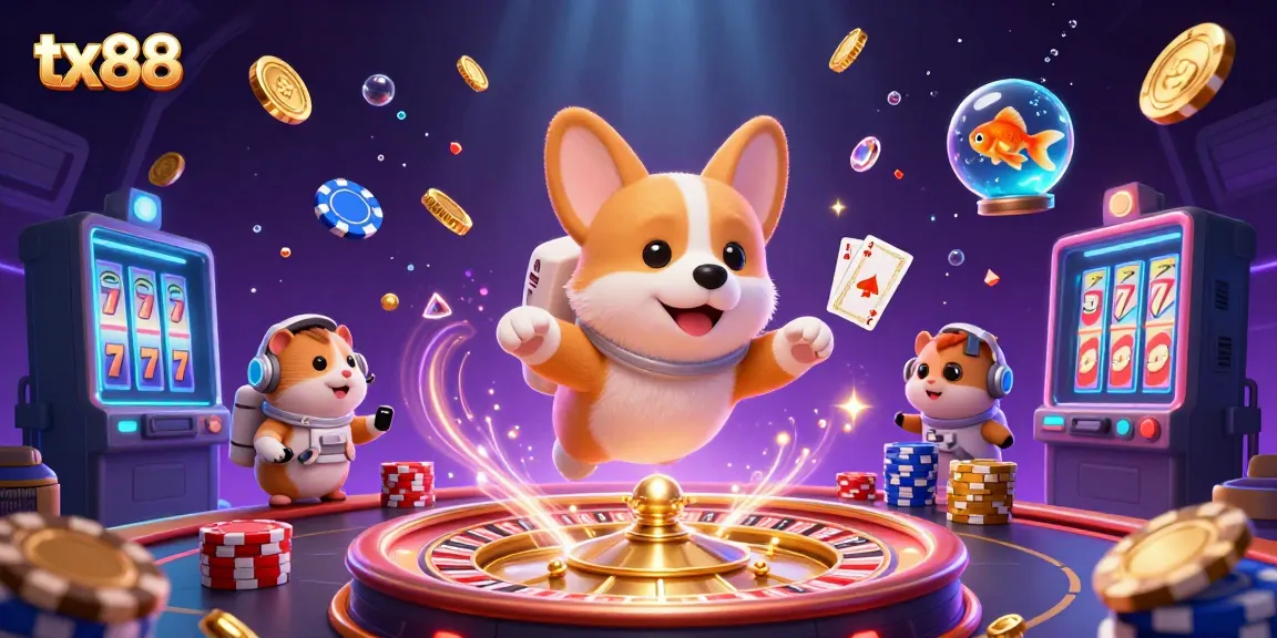 Experience thrilling gameplay at tx88 with a floating astronaut corgi and sparkling casino elements.