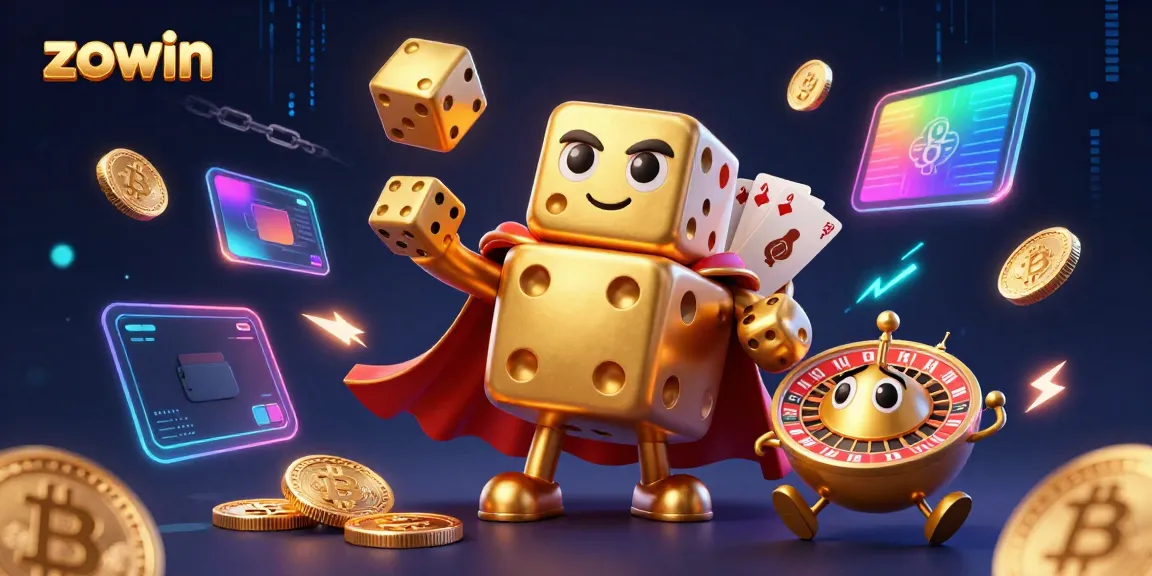 Engage with the vibrant world of zowin featuring a golden dice golem and crypto elements.