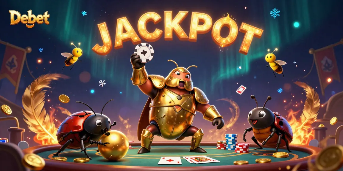 Engage in the Debet poker scene featuring a heroic beetle and vibrant jackpot display.
