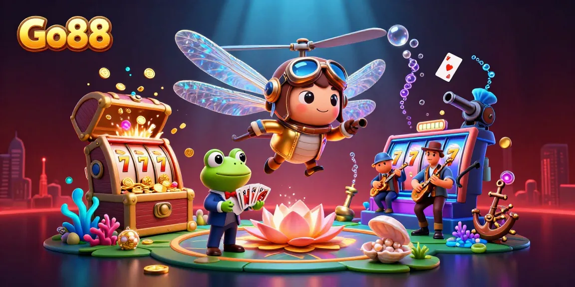 Engaging Go88 gaming scene featuring a dragonfly pilot at a lily pad casino with vibrant slot machines.