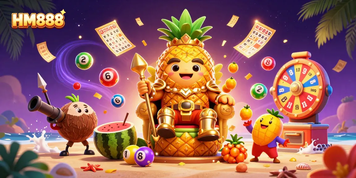 Engage with HM888 in this vibrant casino scene featuring a golden pineapple king and dynamic game elements.