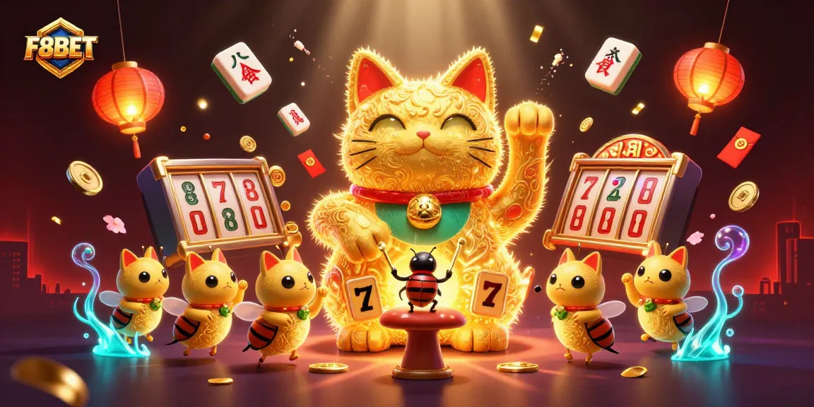 Engage with F8BET's vibrant gaming experience featuring a dynamic lucky cat and various casino symbols.