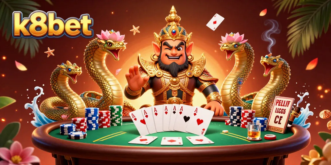 Engage with k8bet's vibrant casino scene showcasing action-packed poker atmosphere and dynamic characters.